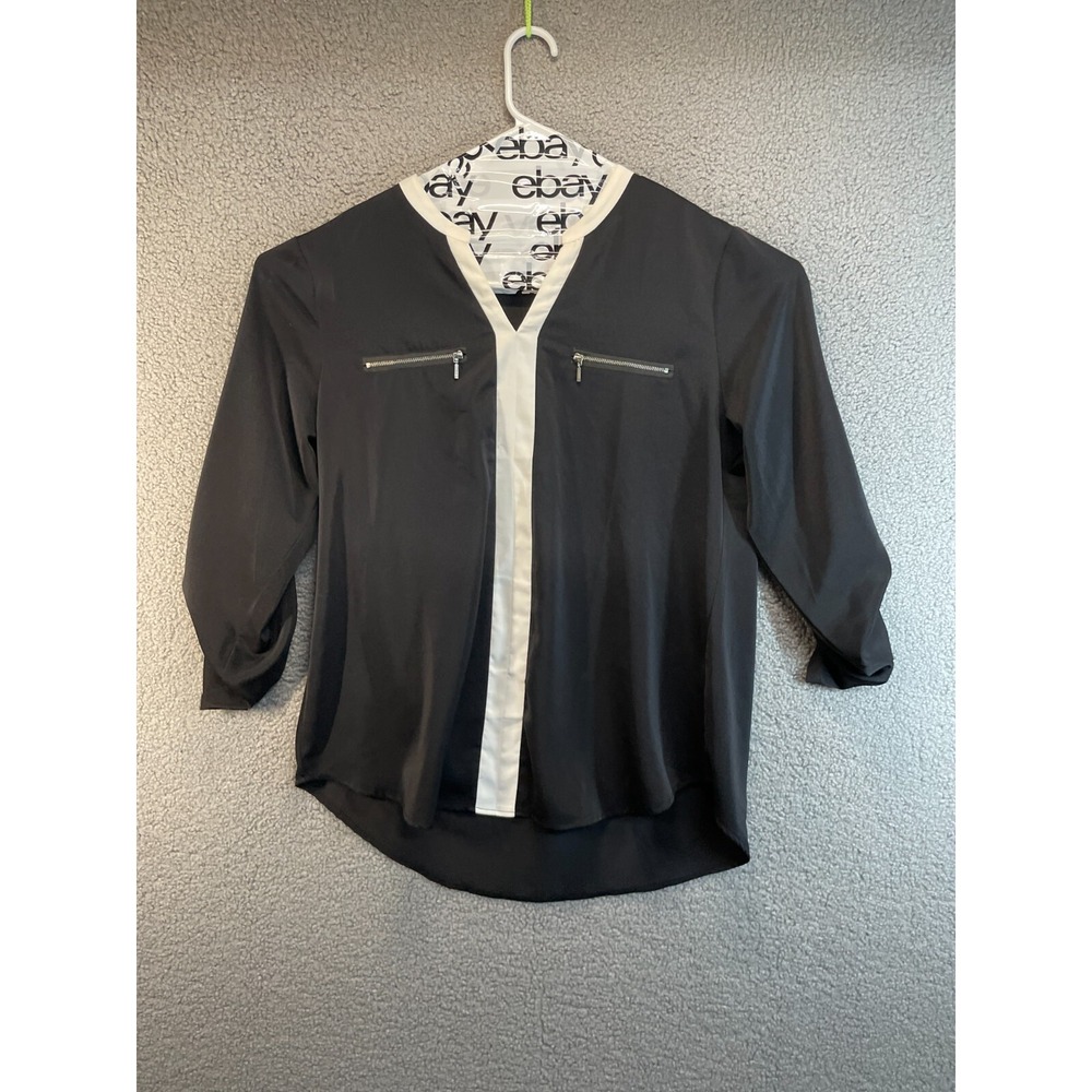 Gaharu Black Blouse Long Or 3/4 Sleeve Tunic Top White Silver Accents Size XL